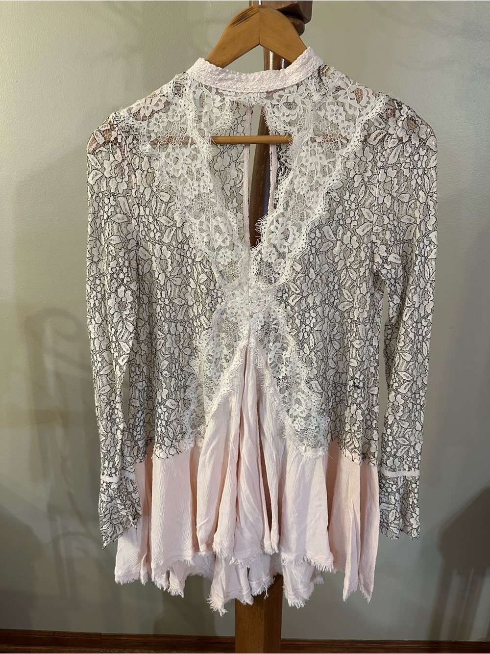 Free People Lace-Trim Pink & White Long-Sleeve Top